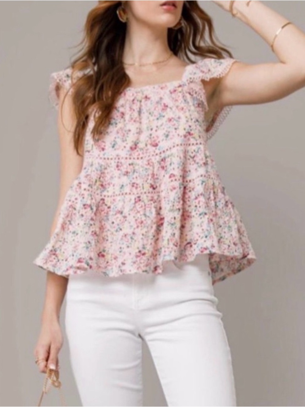 Francesca’s Size Large Pink Floral Eyelet Square Neck Crop Top NWT